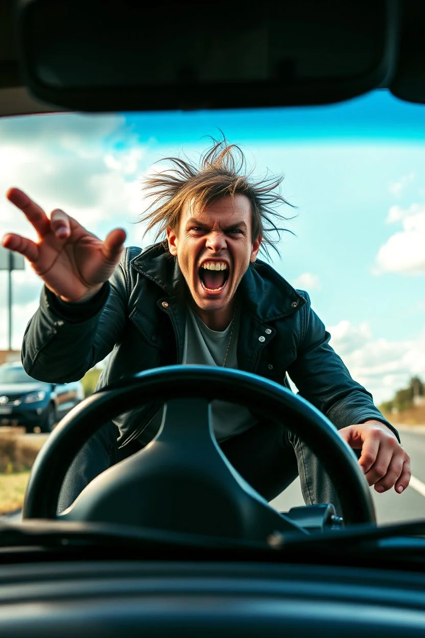 A very angry and bitter punk rocker driving around in a road circle screaming