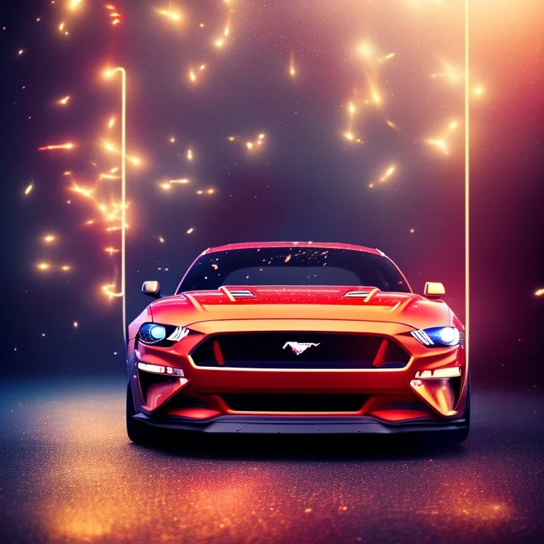 fiat ford mustang, city. high speed. bokeh. lens flare. warm lights. high detailed