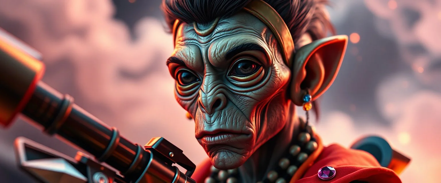 close up portrait with fine pores and real skin texture, clear transparent skin, wise eyes, hairy macho disco alien pimp indian Homunculus – living in a hi tech marvellous hot dog art graphics and gems on rocket with a mounted sling shot mega harpoon, heading for venus , background motion blur and smoke swirls