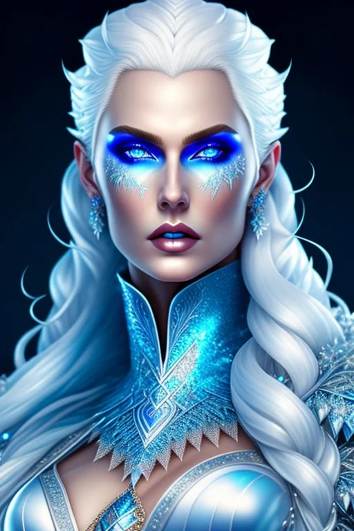 Full body de hermosa y malvada reina del hielo, pelo blanco, ojos azules luminosos, vestimenta intrincada, hiperdetallada, calidad ultra, increíble obra de arte