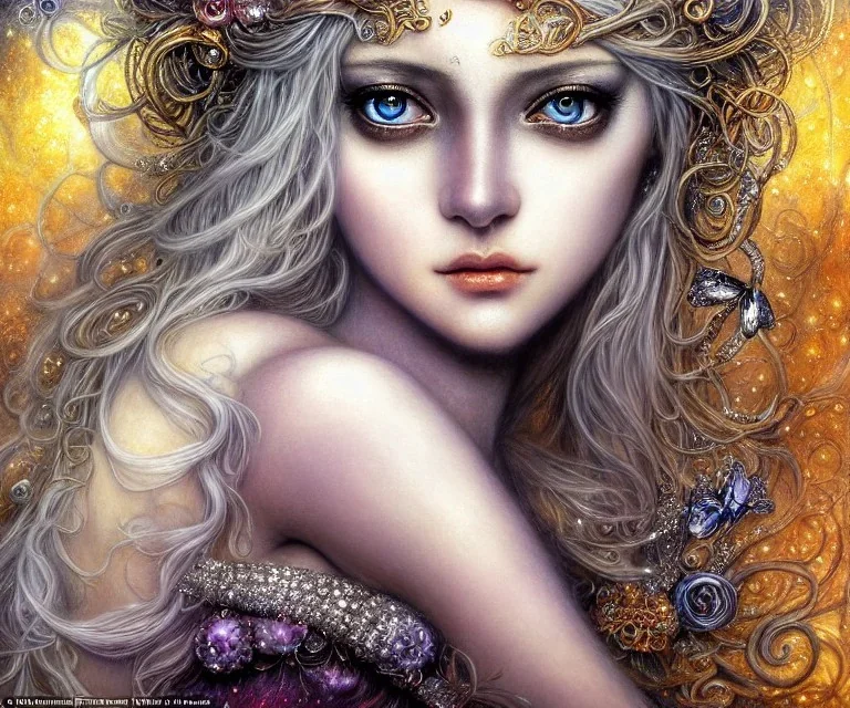 Portrait of a sensual Goddess: Black eyes like diamonds sparkling. Long Blonde hair. Incredibly detailed 8K resolution HDR photograph of a hyper detailed photorealistic storybook laying open with weathered riffled pages meticulously illustrated by Brian Froud and Josephine Wall, album cover art, imagination, upscaled, sharp focus, space"