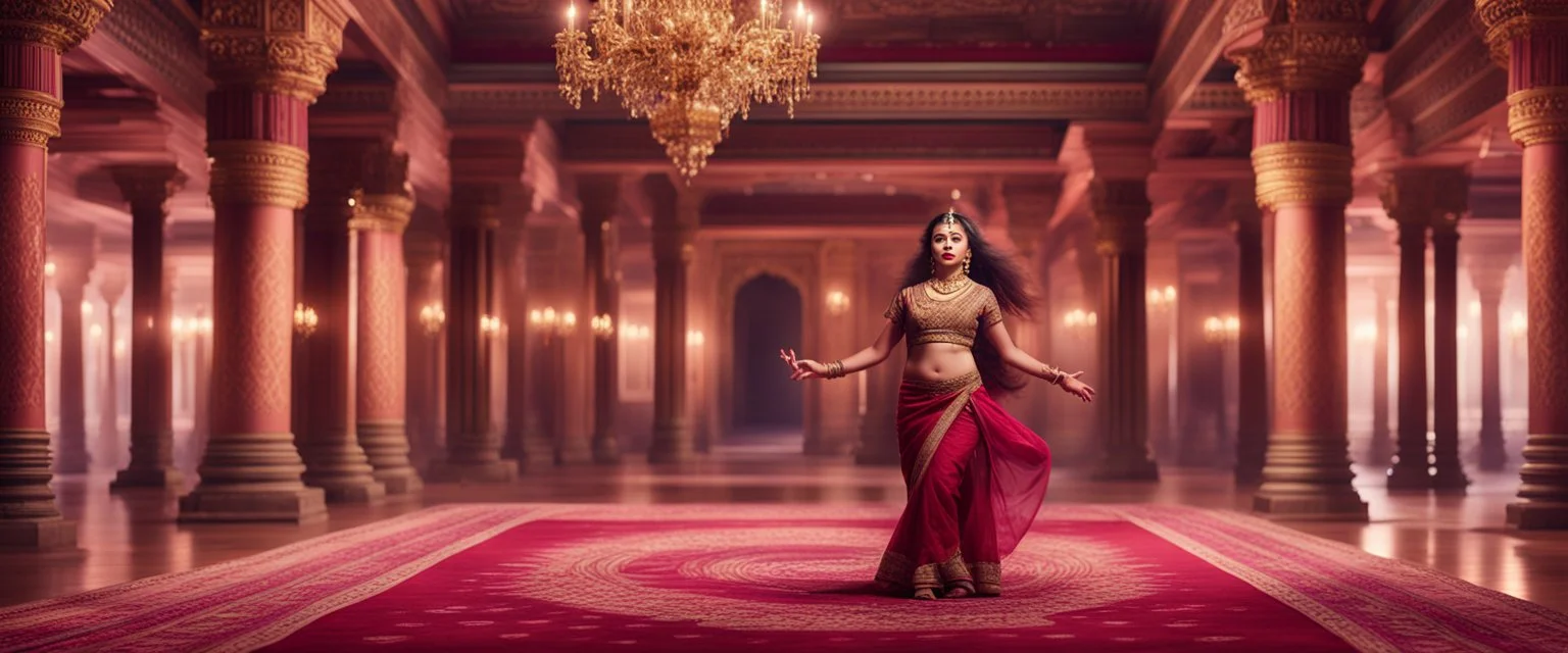 Hyper Realistic Beautiful Young smart Indian Queen Dancing in a traditionally beautiful Indian palace with traditional pillars with small fancy chandeliers & beautiful maroon carpet at night