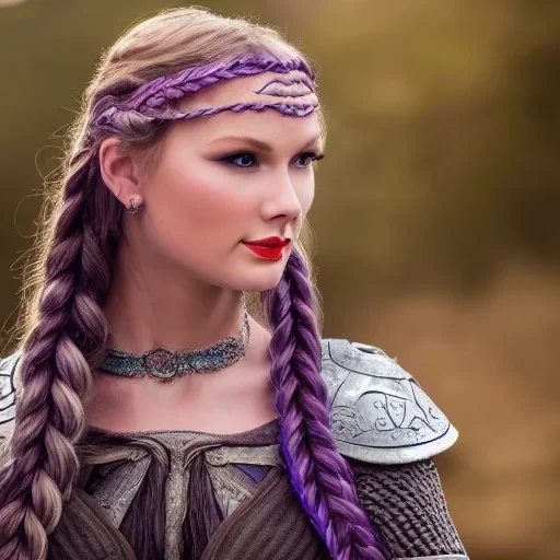 beautiful viking queen with purple armor, delicate blue braided hair, white flowing dress, highly detailed, 8k, ambient light, taylor swift