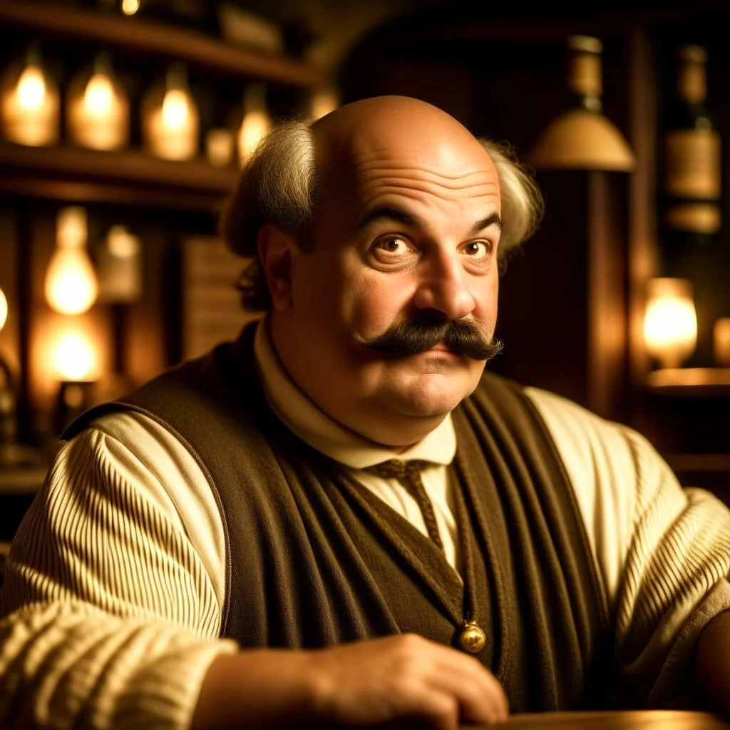 A fat balding Italian man with mustache in a medieval fantasy tavern