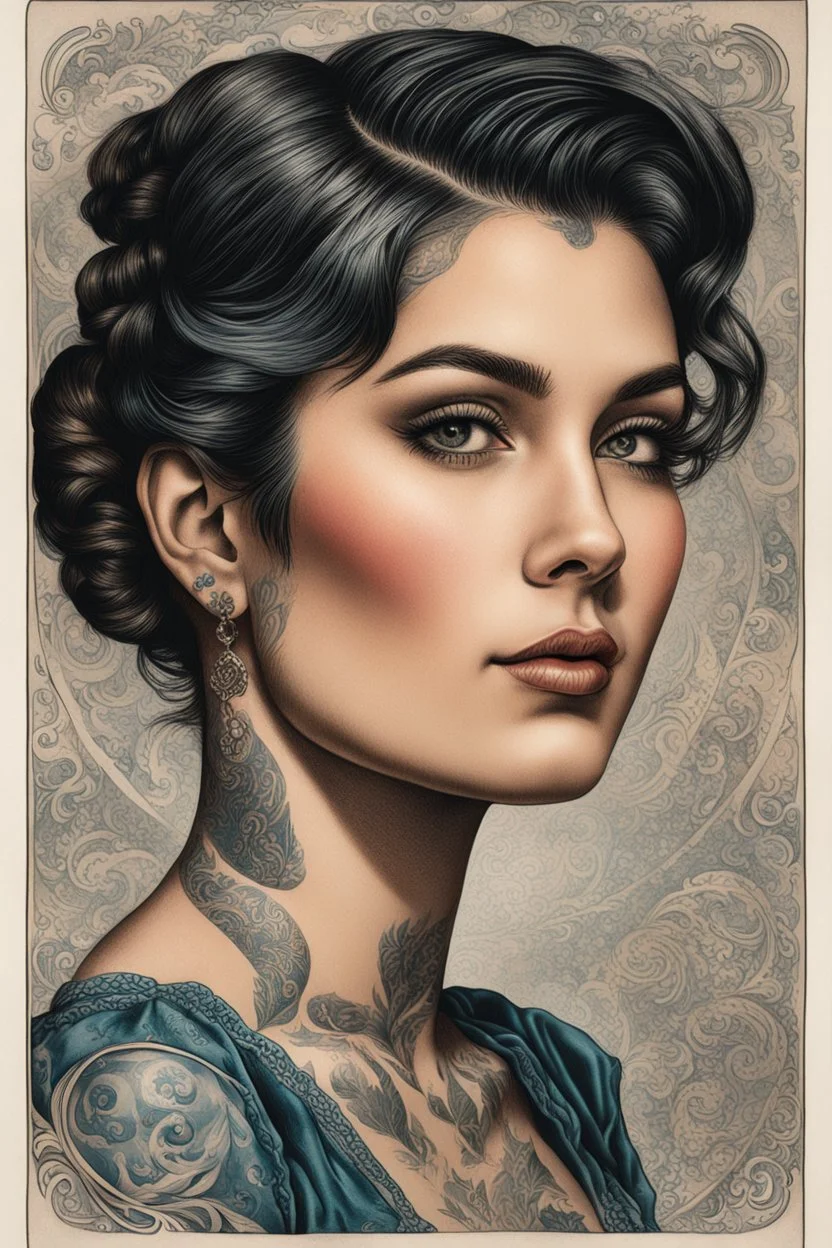 3/4 profile colored lithographic etching of a tattooed young French female fortuneteller , with highly detailed facial features ,in the style Ann Chernow, with a fine art aesthetic, highly detailed , realistic , 4k UHD cinegraphic quality