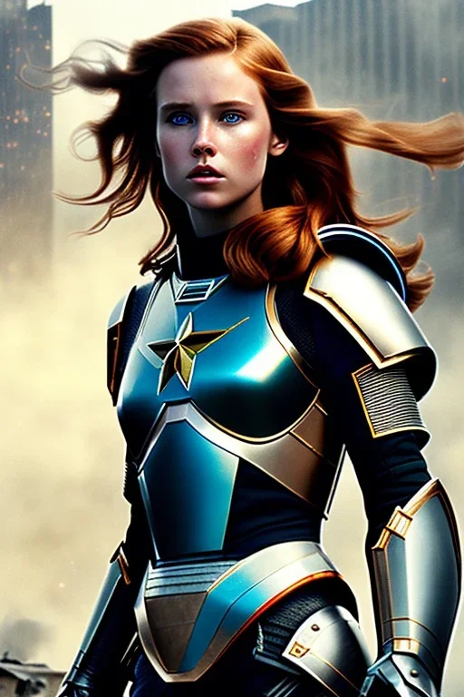 ultrarealistic, ruined city,__sci-fi armor__, __angles__, 18 year old woman, strikingly beautiful, ginger hair, _colour_, [__starlets__|__starlets__], (pale __skincolor__ skin:1.2), __camera__, _hair_, detailed face and eyes, medium breasts, leather choker, freckles, dynamic pose, resolved expression, __accessory__, strappy outfit, (straps:1.1), sword in scabard on left hip, (buckles, buttons, snaps, rings:1.0), haltertop style breastplate, detailed eyes, plump lips, sci-fi theme