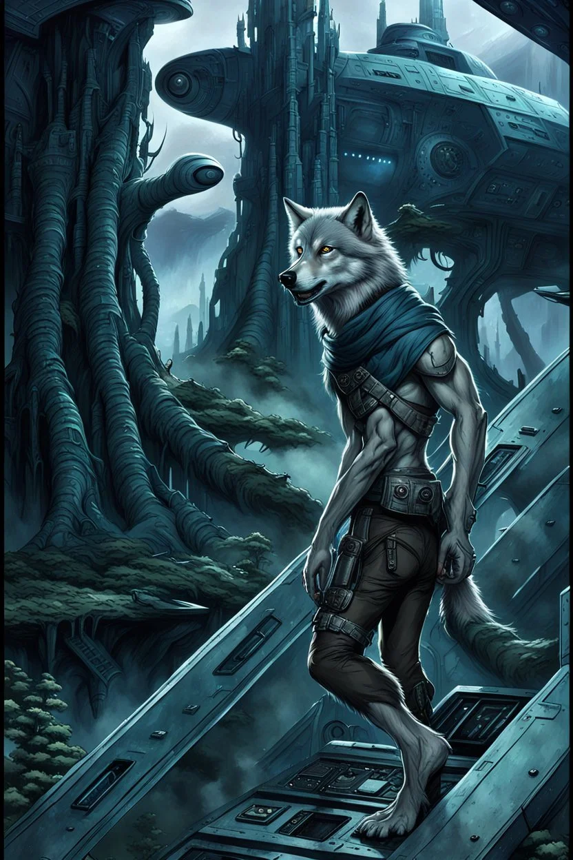 front an anthropomorphic wolf-man standing on spaceship's ramp on alien land and looking at the camera, around big white-blue fog and the spaceship's ruins . His gaze is directed towards the rain-soaked landscape, which is filled with towering trees with massive trunks. In background back him the spaceship and big fog. The atmosphere is a seamless blend of sci-fi and dark fantasy mood