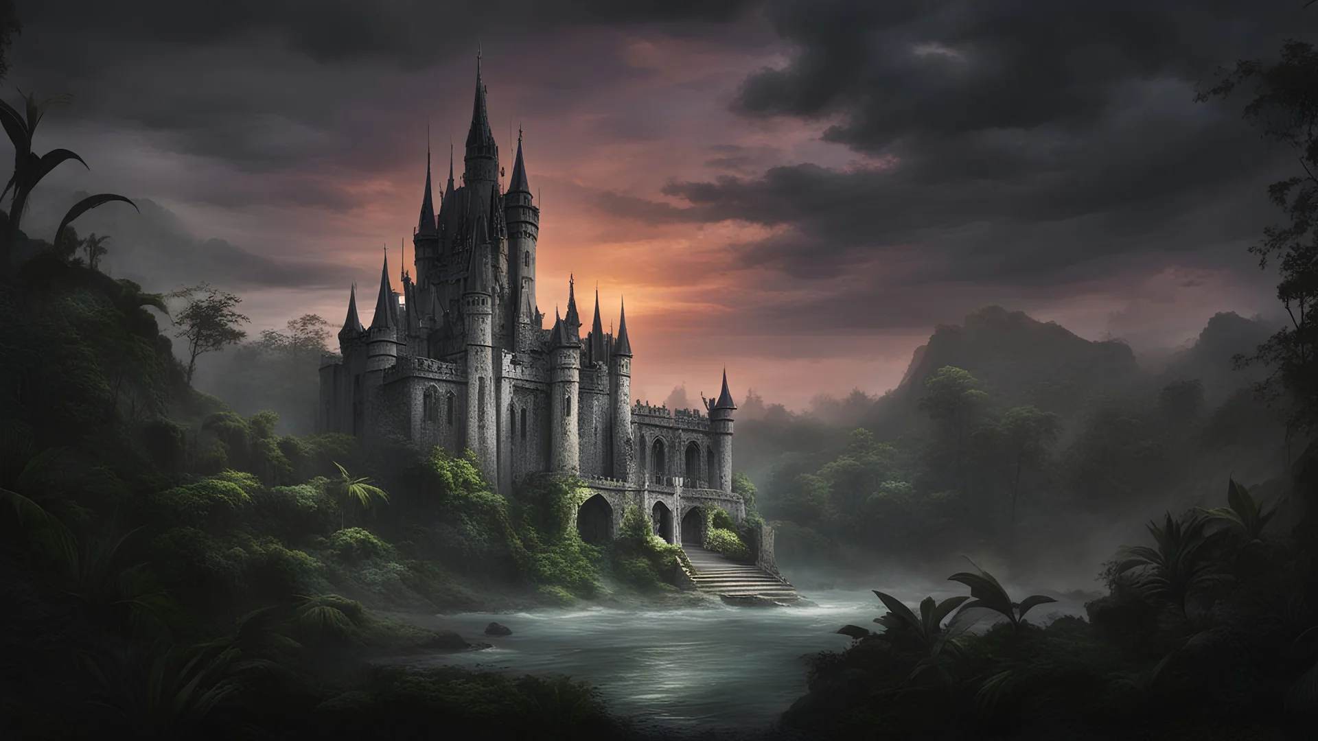 A dark gothic evil castle standing in a lush jungle