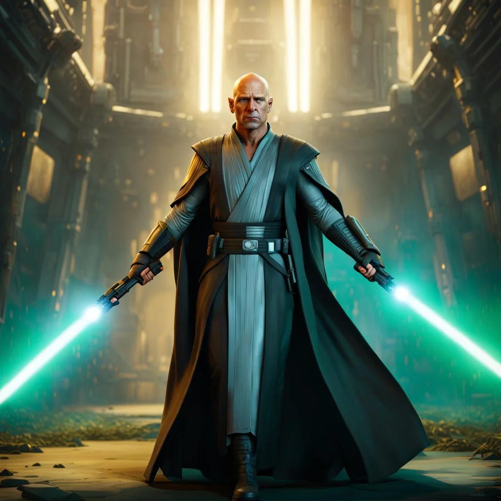 star wars bald male corellian pilot wearing pearlescent black and gunmetal grey First Order special forces heavy assault armor and helmet with gold trim inside the jedi temple, centered portrait, hyperdetailed, dynamic lighting, hyperdetailed background, 8k resolution, volumetric lighting, light skin, fully symmetric details