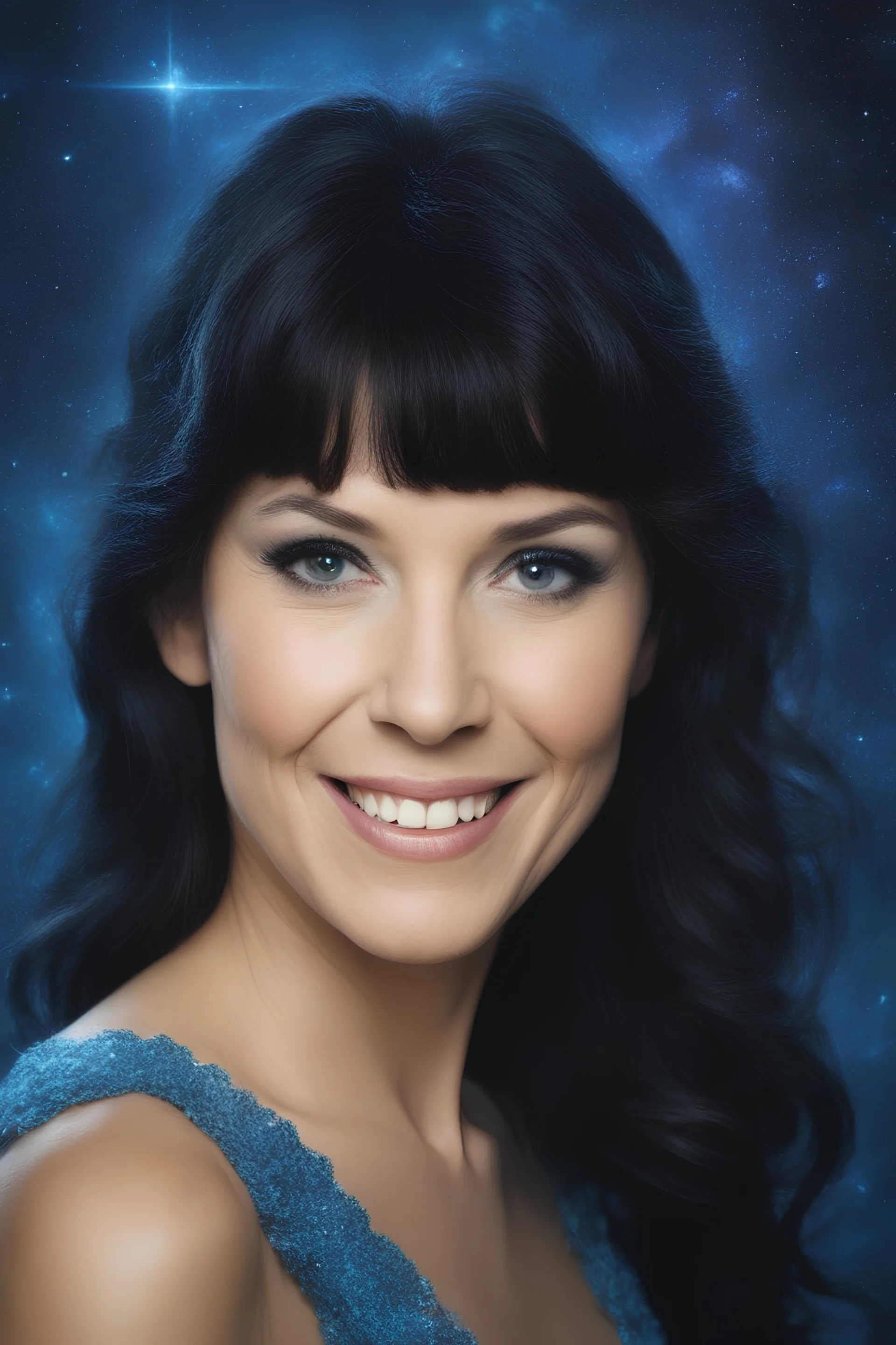 full color, facial portrait, smiling Lenna Nimoy with (((Black Hair))), (((blue eyes))), 32k, UHD, Professional Photo -- Botany - Starry - Retro Pop - Dark Fantasy - Horror - Festive - Realistic - 32k, UHD, professional quality, 8 x 10 digital photograph