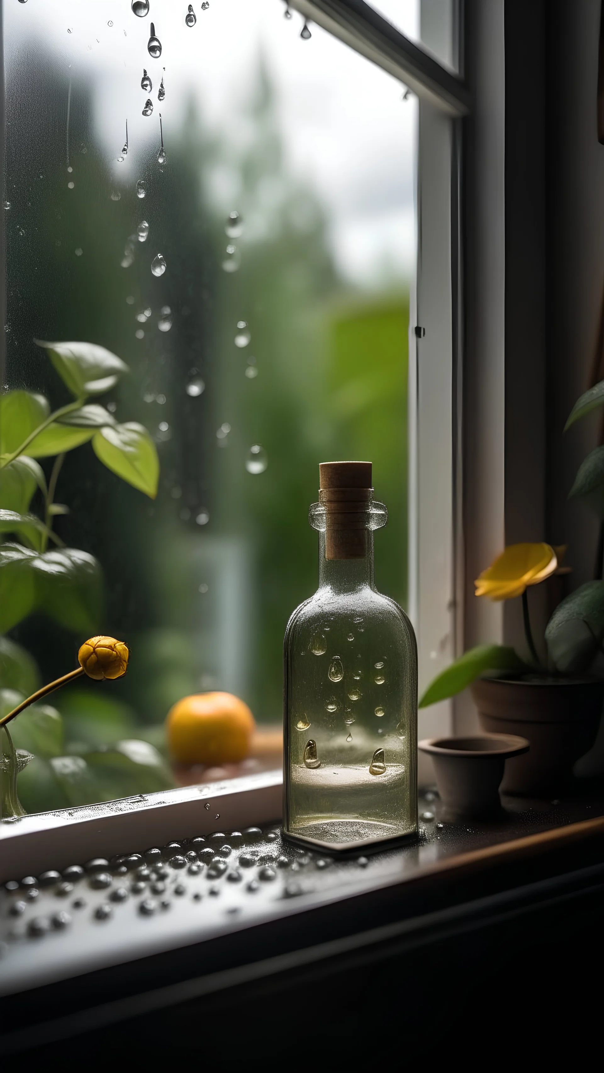 lluvia a travez de una ventana vista a un jardin con algunas gotas en el vidrio y el frasco de los perfumes good girl e invictus del lado de afuera