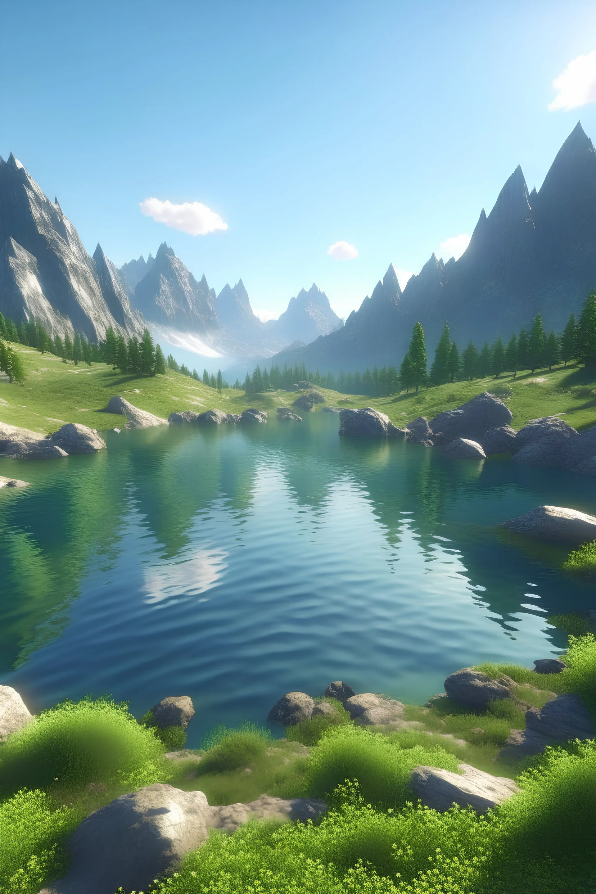 3d mountainous landscape pond