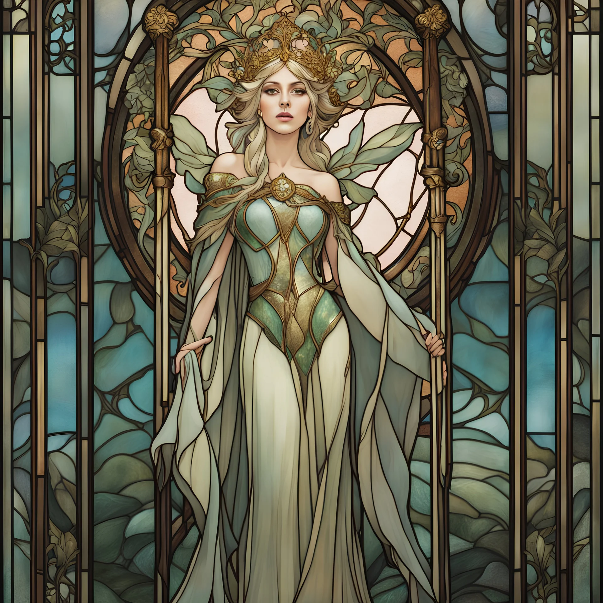 stained glass motif by Alfons Mucha, Lady Gaga as an elf princess in an elven kingdom, HD 4K ultra high resolution, photo-real accurate