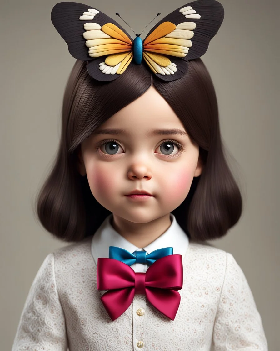 3D. Hyperrealistic photograph of Mafalda in real life, with a bowtie or butterfly type bow on her head. Straight hair. (((Full body)))