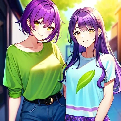 8k, Girl, high quality, detailed, purple hair, lime eyes, beautiful lighting, vibrant colors, casual clothes, smiling