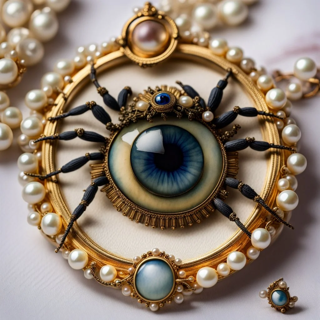 Spider crawling over a miniature Lover's eye watercolor painting set in a gold brooch and pearls, victorian art, Sir William Charles Ross royal miniaturist style, gothic, bizarre, mesmerizing