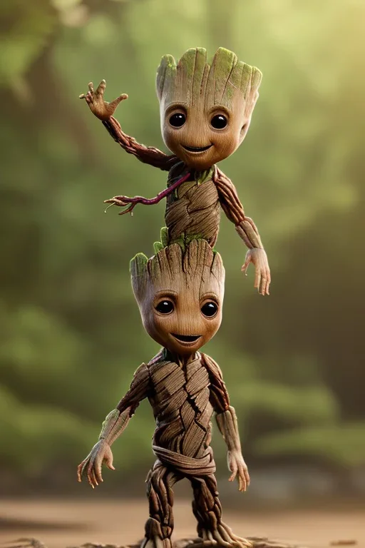 Groot toddler, full body, pilates, bokeh, hyper realistic