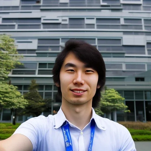 A long haired, Japanese Male software engineer from MIT taking a selfie in front of Building 92 at Microsoft in Redmond, Washington