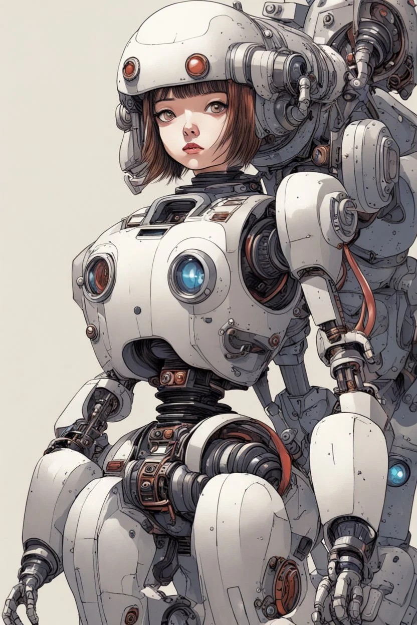 Girl mount a robot, in the style of Katsuhiro Otomo,