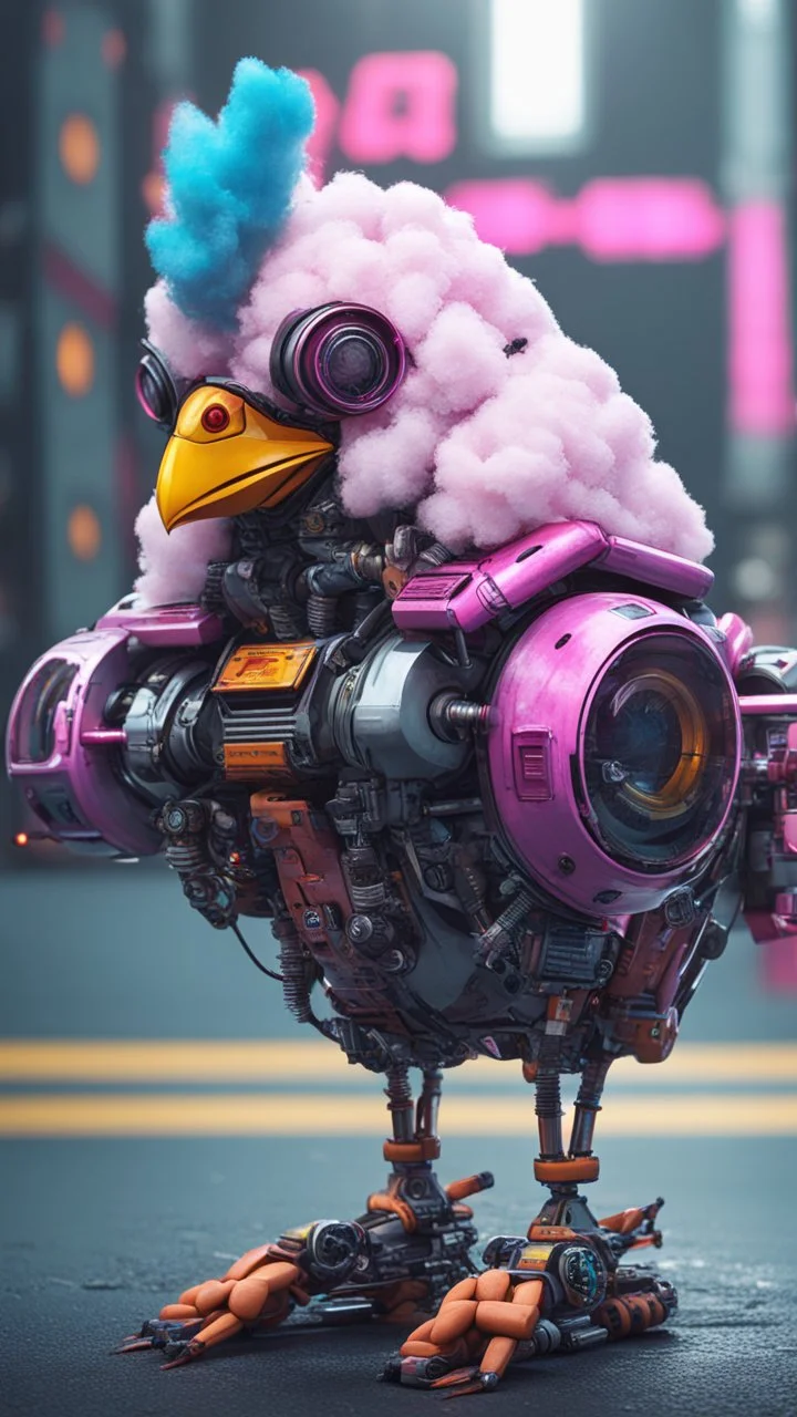 CHICKEN robot made of cotton candy, sci-fi, cyberpunk, full body, ultra realistic, virtual reality, cyberpunk city and colors