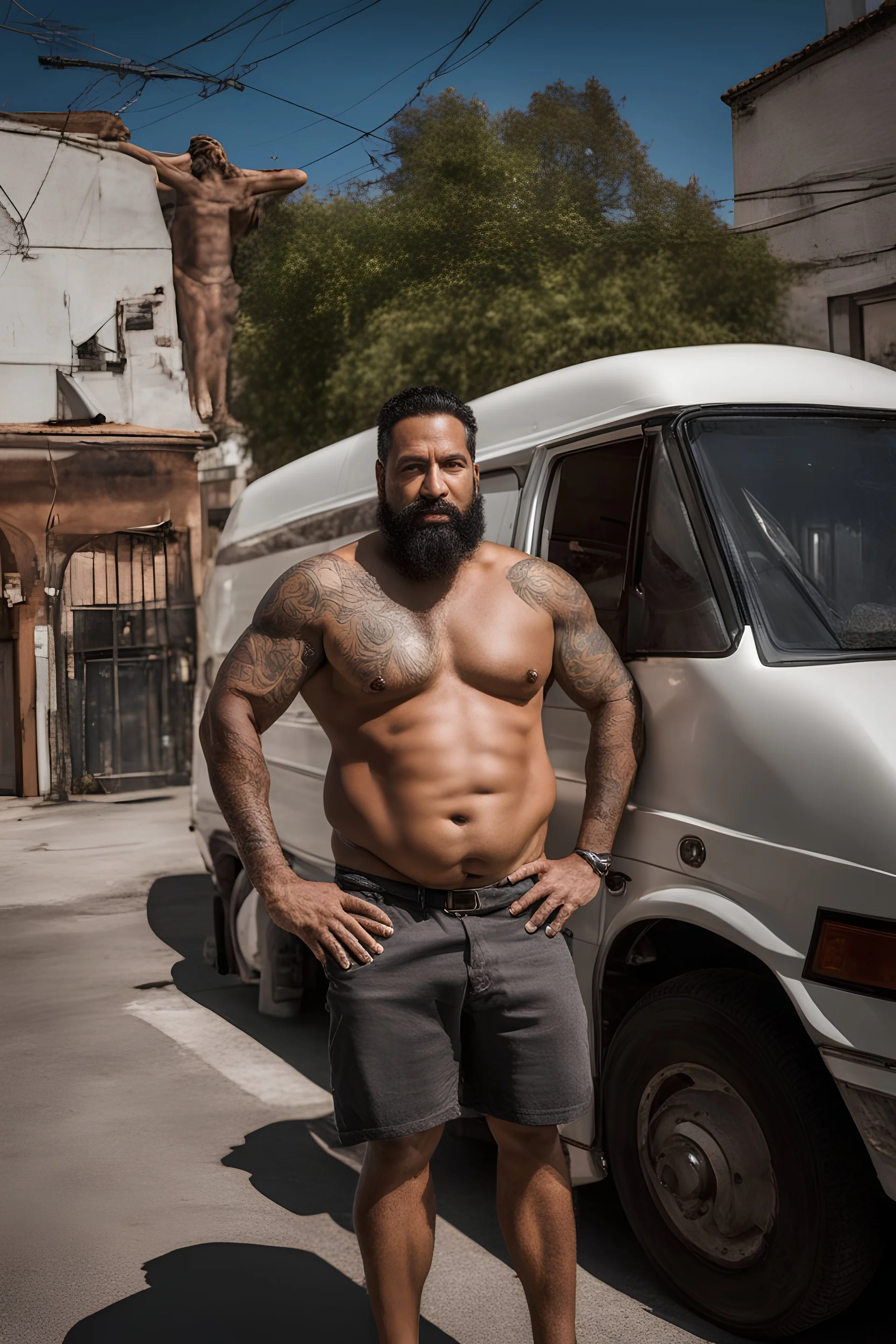 half figure photography of a 44 year old stocky burly latino , shirtless, bulging shorts, leaning with his back to his van, hands on the fap, big shoulders, hairy chest, tattoo, very virile, short beard, short hair, side light, in a sunny street, photorealistic