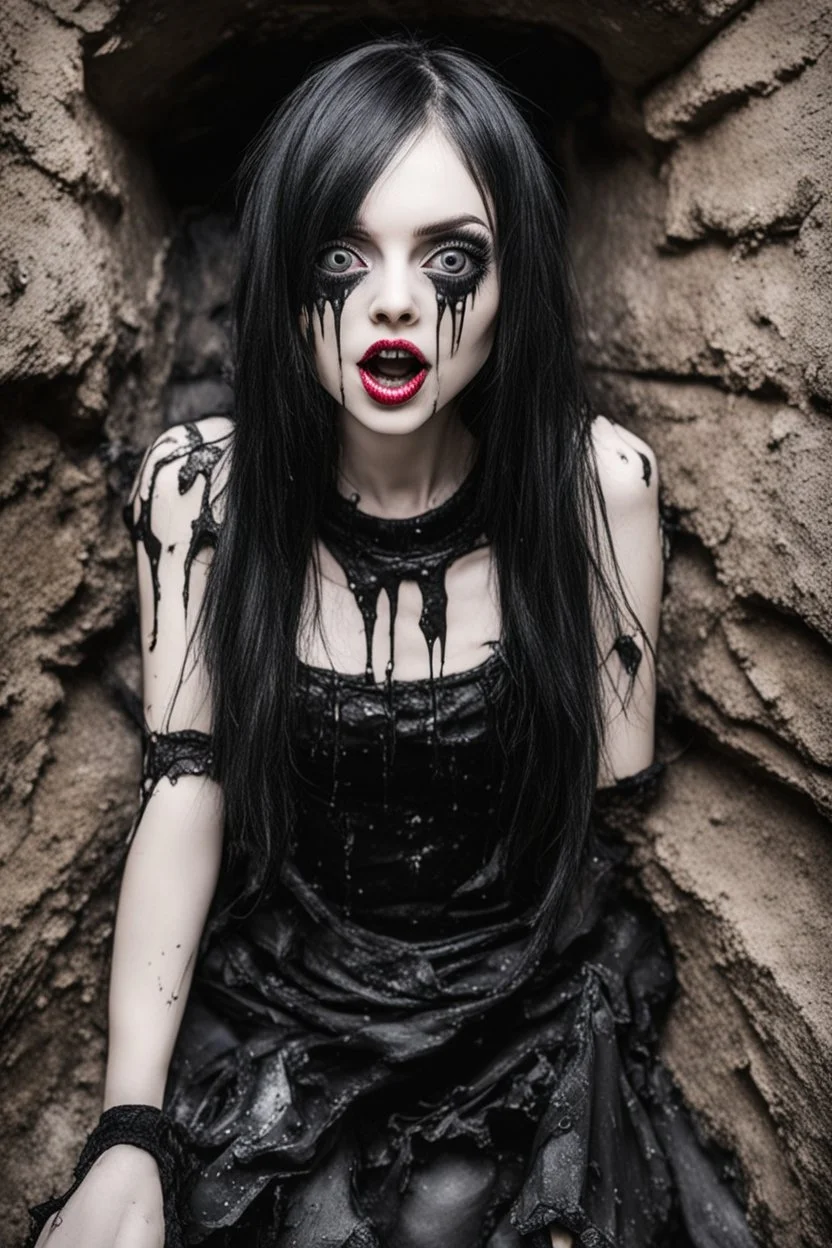 Closeup petite women goth with big eyes, fullbody, ragged clothes, slime, the perspective looking up from the bottom of an empty well, rolling eyes, tongue out, saliva drip, open mouth,