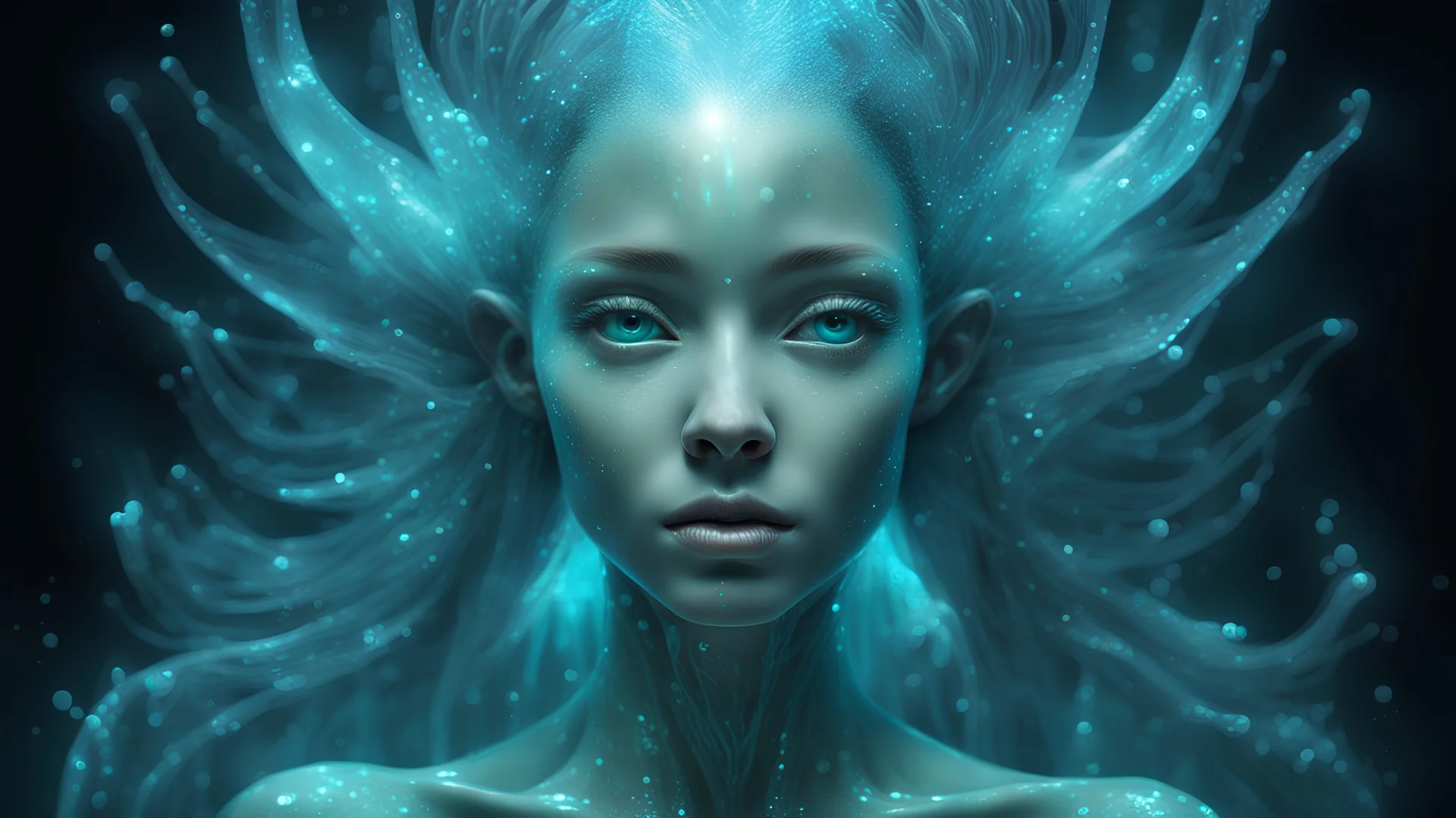 A Photograph with bioluminescent and bioluminous artistic style portrays a divine mermaid alien humanoid. A curvy model front facing with bioluminescent wet translucent irredescent skin etheral glowing eyes, large head fins and ear fins flowing showcases an alluring, perfect face in ultra-realistic detail. The composition imitates a cinematic movie, with dazzling, golden, and silver light effects. The intricate details, sharp focus, and crystal-clear skin create a highly detailed,