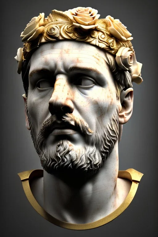 Ultra Realistic image, Roman sculpture bust, clean white marble material, Lionel Messi, gold Laurel leaves wreath and roses, renaissance ornaments, one gold star, blue sky background, cinematic lighting, god light, 4k resolution, smooth details, ornate details, soft lighting, unreal engine 5, art station, substance 3d, art concept.