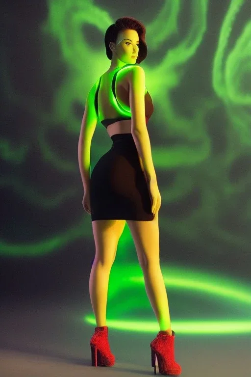 Full body portrait, painting, medium shot lady Spacecore volumetric nuclear waste glow skin-tight crop top and volumetric nuclear waste glow skin-tight miniskirt