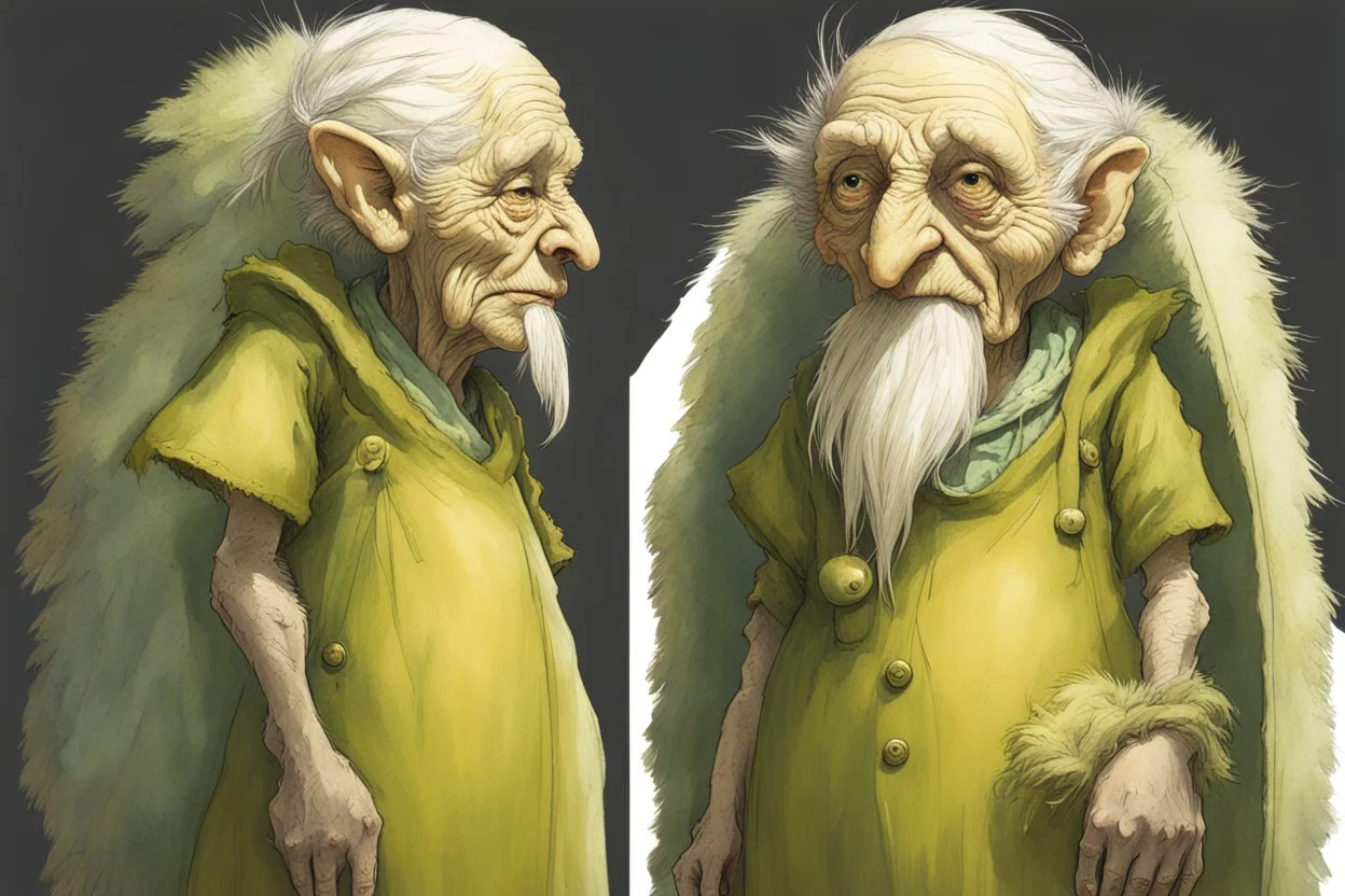 Artist Jean-Baptiste Monge style. A biomorph banana-headed old woman. White eyes. A yellow dotted green furry feathered fluffy dress.