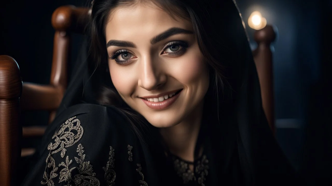 Hyper Realistic Photographic close-up view of Young Beautiful Pashto Woman with beautiful eyes, beautiful lips & beautiful long black hair wearing black embroidered dress with black-embroidered-shawl happily smiling & sitting on a rocking-chair inside a dark room with moonlight-rays-on-her-face showing dramatic & cinematic ambiance.