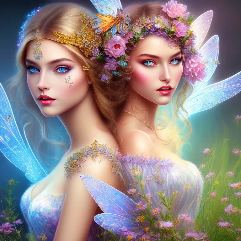 bright fairy, beautiful portrait, flowery landscape