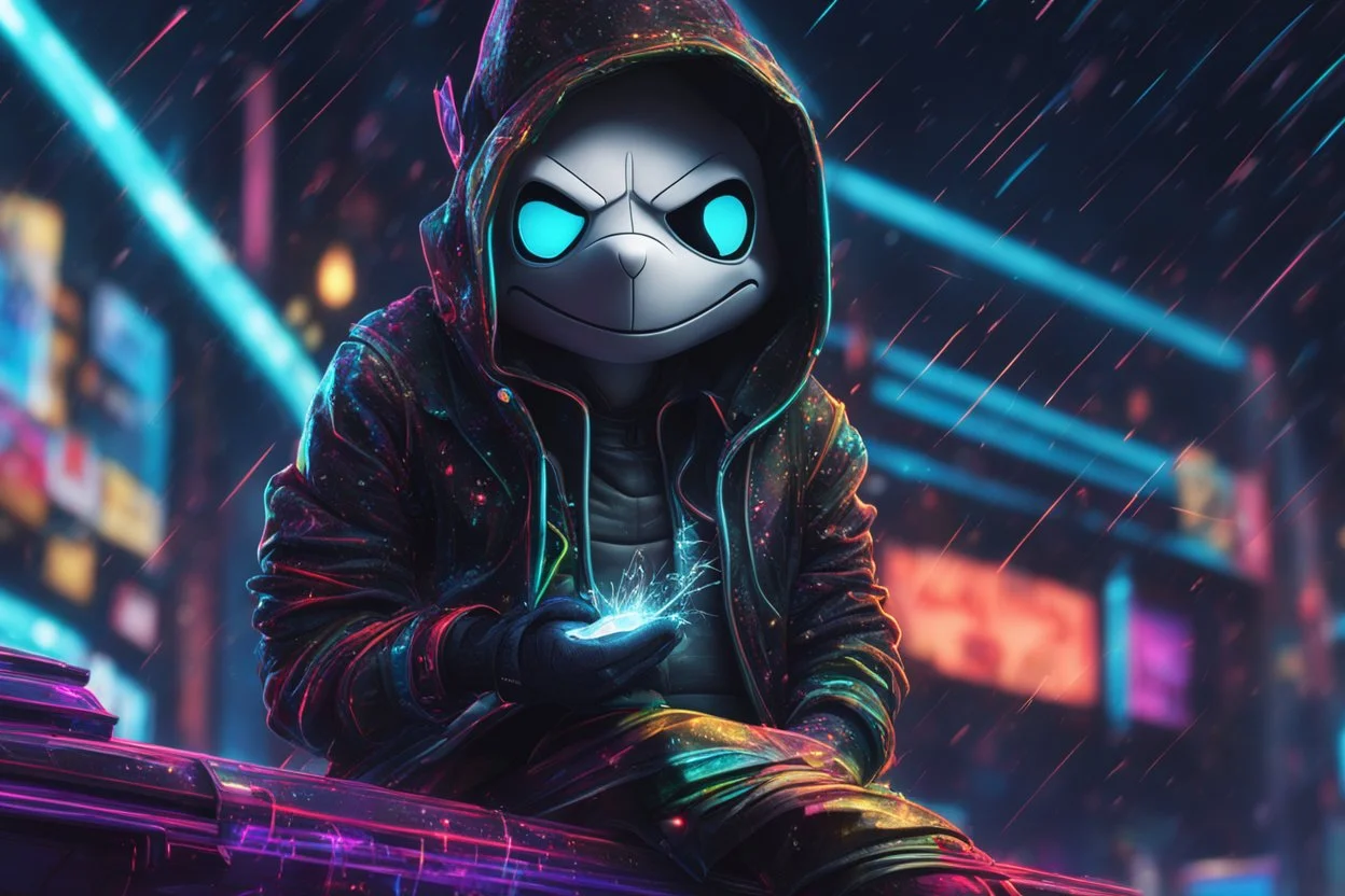Sans in 8k cartoon artstyle, hacker them, neon effect, close picture, rain, fantasy world, intricate details, highly detailed, high details, detailed portrait, masterpiece,ultra detailed, ultra quality