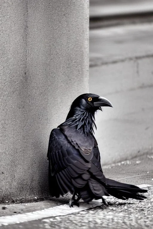 One single mature homeless crow with worn out clothes, sitting in a corner on the street, guitar standing on the left side, Vienna, mourning, perfect iris, model style, hyper realistic, extremely accurate, delicate, extremely detailed, Graphic novel style, wide-angle, open aperture, superfine pencil