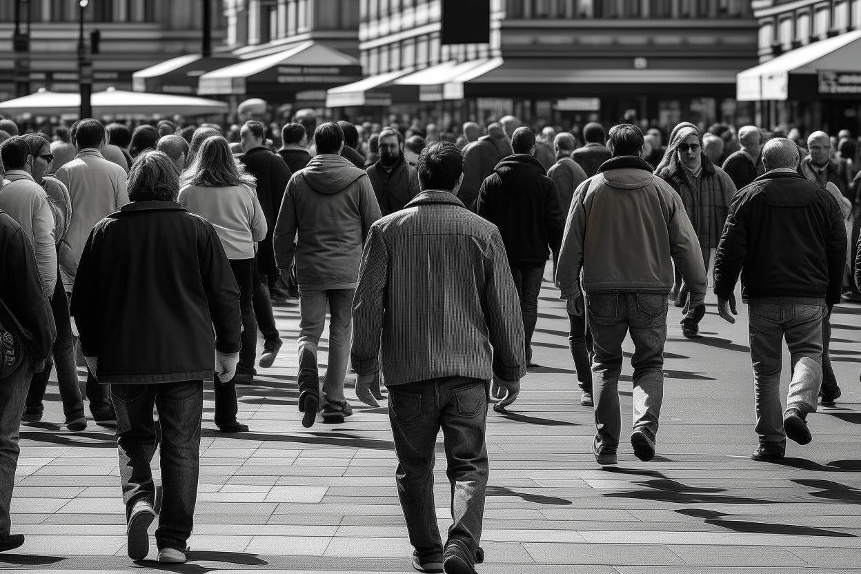 hombre caminando por el centro de una ciudad entre personas que vienen y van- Fotografía realizada con cámara Leica y objetivo 50 mm.