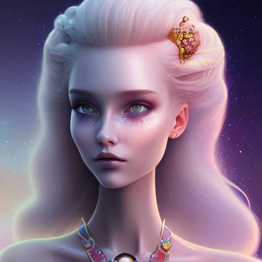 cosmic petit prince belle fine, profil de trois quart, grand front cosmique, peau cristalline, yeux bleu, perle sur le front long cheveux blond et rose etoilé, cristaux sur le corps, collier de grande princesse, , très jolie sourire, ambiaqnce galactique, fleurs