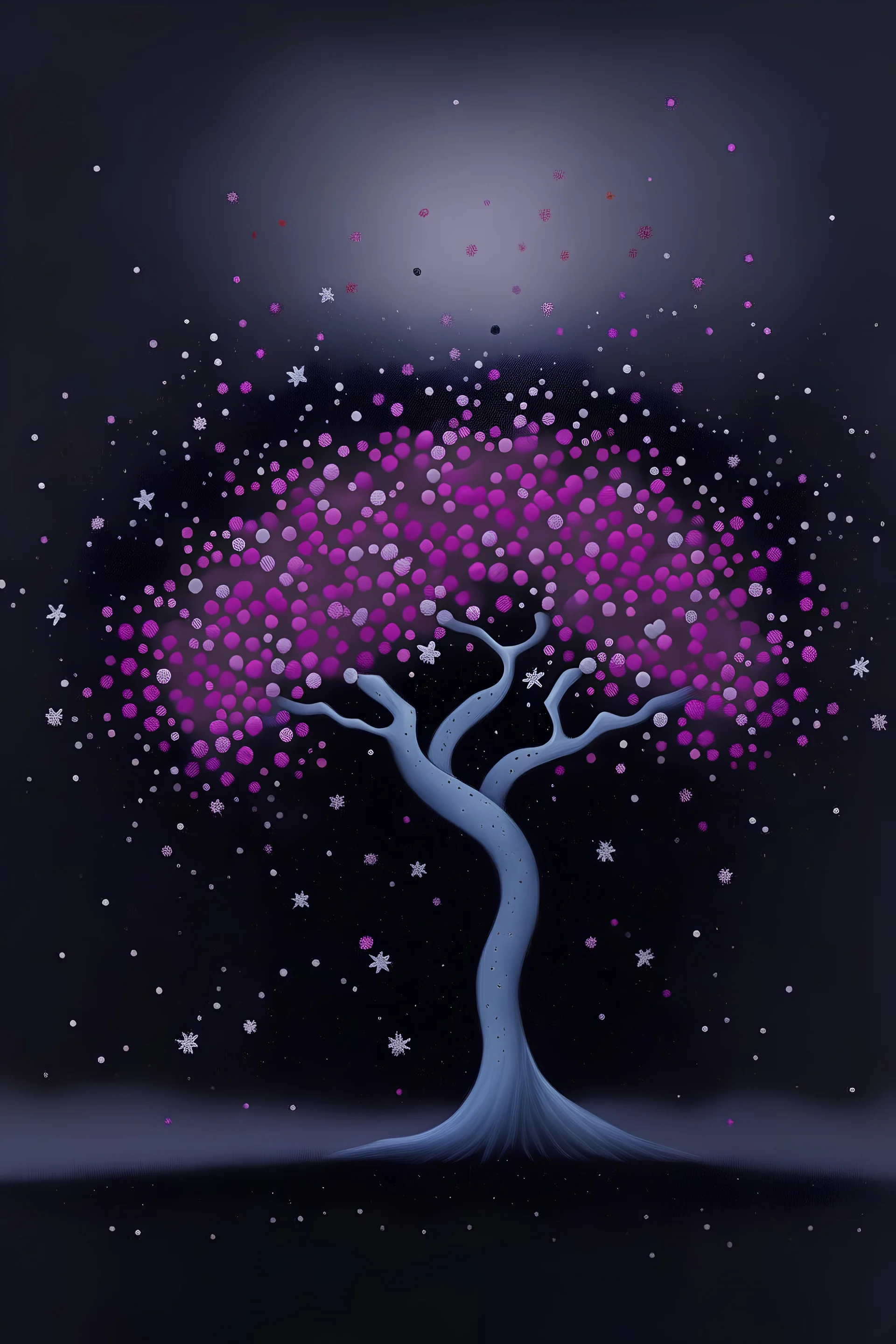 Painting of a slender Sakura tree suspended in the air, in isolation, falling petals like fine splatters, night cosmic background, atmospheric, dream like, minimalistic, fine details, realistic branches, muted colors