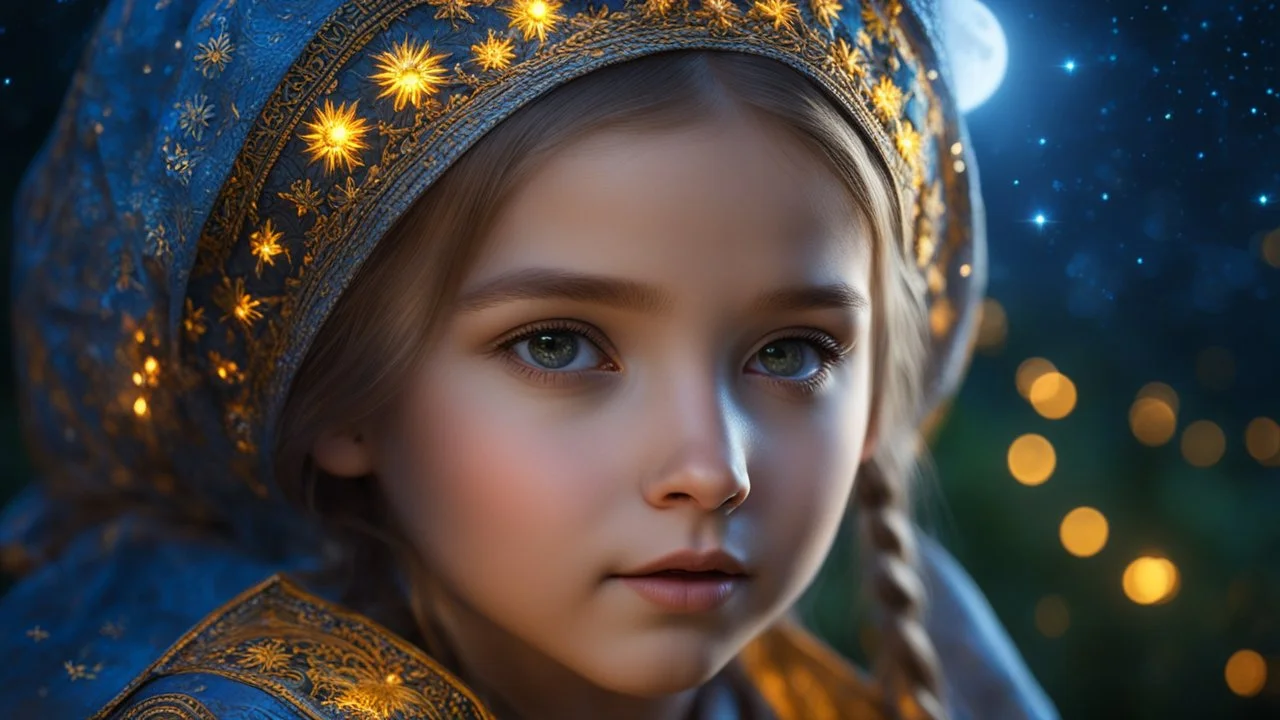 little young Ukrainian girl, peaceful, gentle, calm, wise, traditional Ukrainian costume, perfect eyes, exquisite composition, night scene, fireflies, moon, stars, beautiful intricate insanely detailed octane render, trending on artstation, 8k artistic photography, photorealistic concept art, soft natural volumetric cinematic perfect light, chiaroscuro, award-winning photograph, masterpiece, raphael, caravaggio, William-Adolphe Bouguereau, alma-tadema