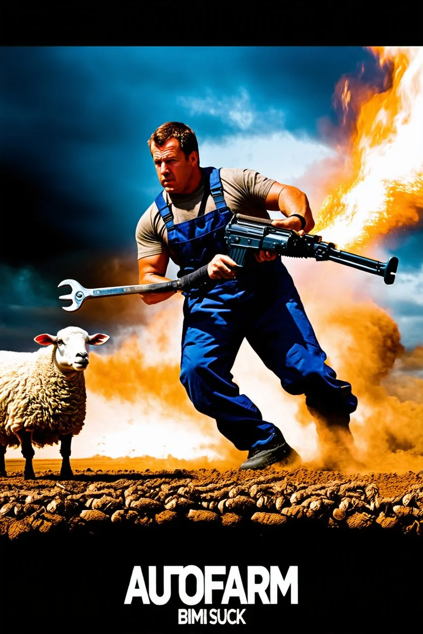 "Create a 90s-style action movie poster titled 'AUTOfarm.' Feature a heroic mechanic battling thousands of people with a spanner, and in the background, show a sheep holding a machine gun. The scene should be intense and dynamic, capturing the high-energy and gritty aesthetic of classic 90s action films. Include the subtitle 'BMI Suck' prominently."