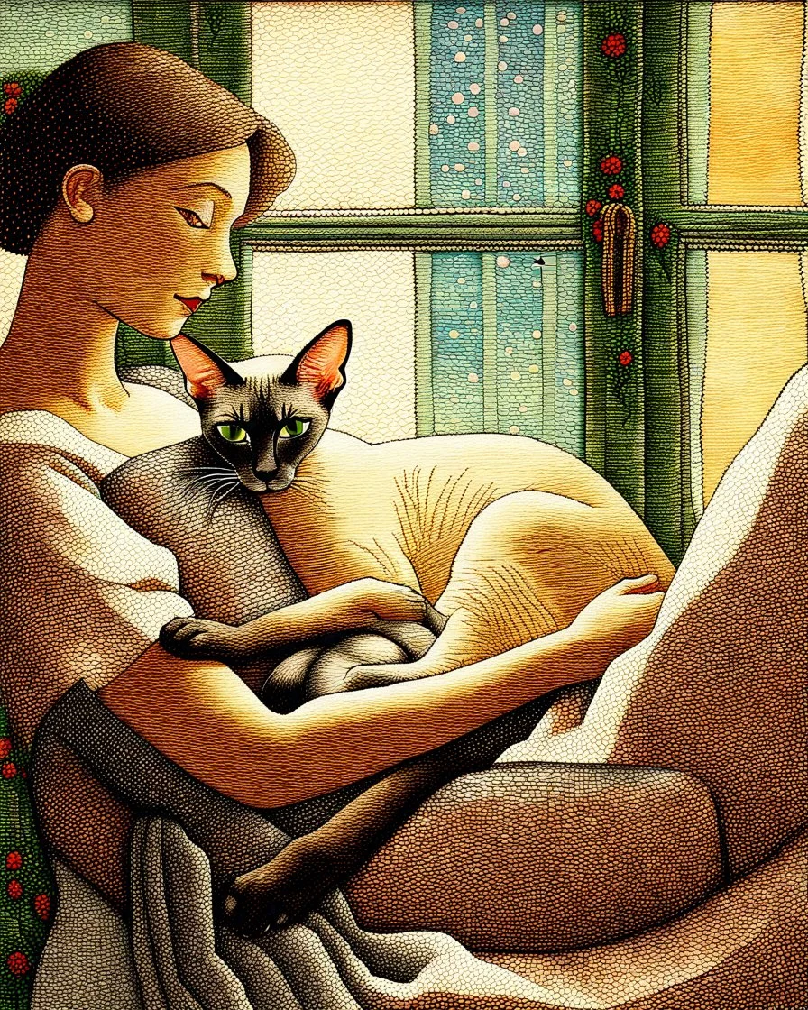 Oriental shorthair Siamese cat sleeps on the lap of a woman in a simple dress, the woman looks out the window, in the style of a Odilon Redon Modifiers: portrait pointillism patchwork 3D, in the style of Henri Rousseau, by Horace Pippin pastel rubbed on coarse-textured paper with watercolour flowing over it