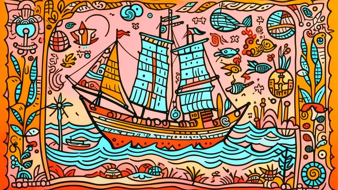 A light rosy orange colored bay with pirate ships and crystals designed in Kuna molas painted by Keith Haring