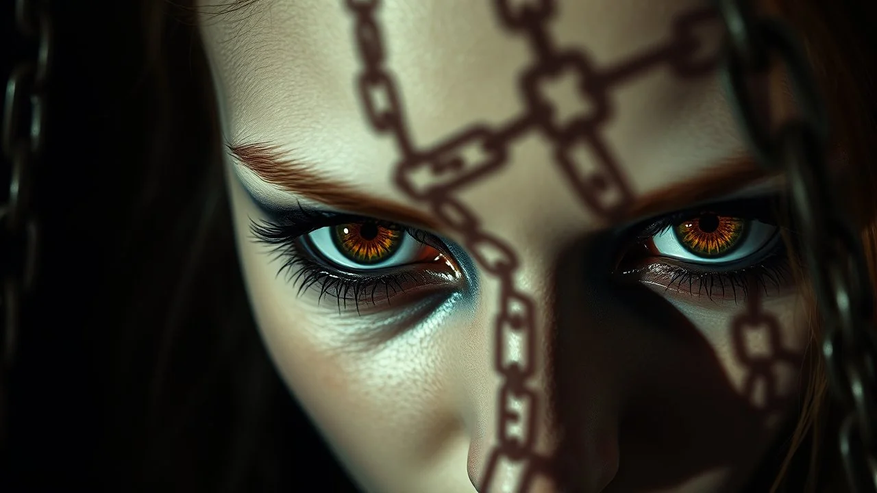 close up face with shadow dark gold eyes, void, pain, hyper-realistic detail, floats in deep darkness, deep blue abyss, shadow of chains is projected on her face, crepy stunning, dark, surreal vibe with meticulous clean pale skin dark golden eyes, . dark shadow and weird surreal mood