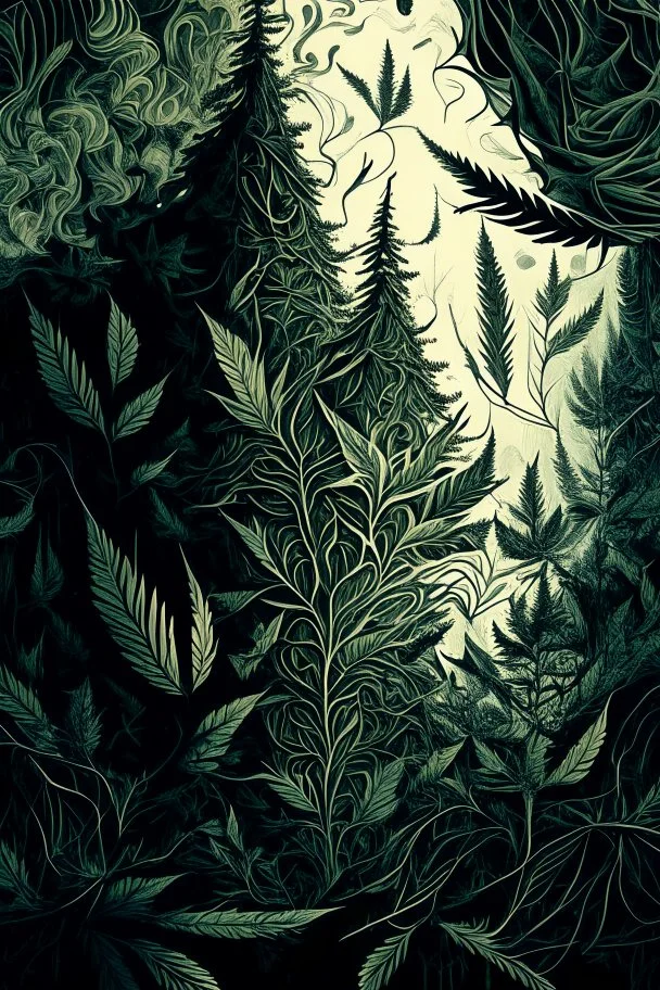 Sketch a composition where intricate smoke patterns transform into a forest of towering trees made entirely of crushed weed leaves, filling the canvas with a surreal and visually captivating asymmetrical patterns.