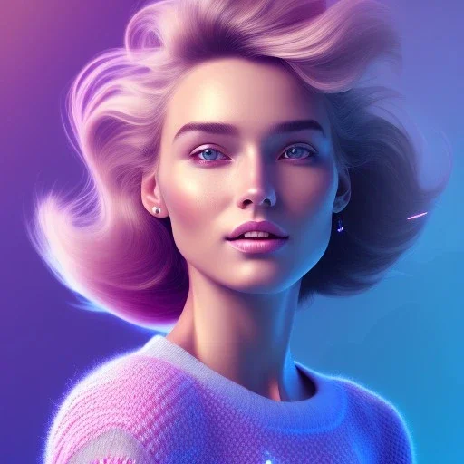 A portrait very beautiful woman ,smiling, longs hairs, atmospheric, realistic, cinematic lighting, pink blue light, 8k, galactic atmosphere, flowers