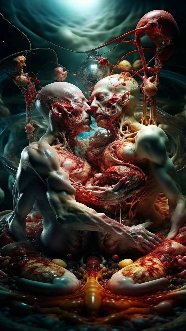 cinematic gore Bosch versus Dali style photorealistic fleshy quantum vortex dmt lsd photo of 2 conjoined mangled bodies making love, 1 soul vortex, complementary, anatomically fragmented, ripped apart again being flayed, skinned alive. A beating heart, muscles, blood vessels, bowels, entrails are exposed. anatomy. physiology. Bosch and Dali inspired hallucinations. mythology. grotesque.