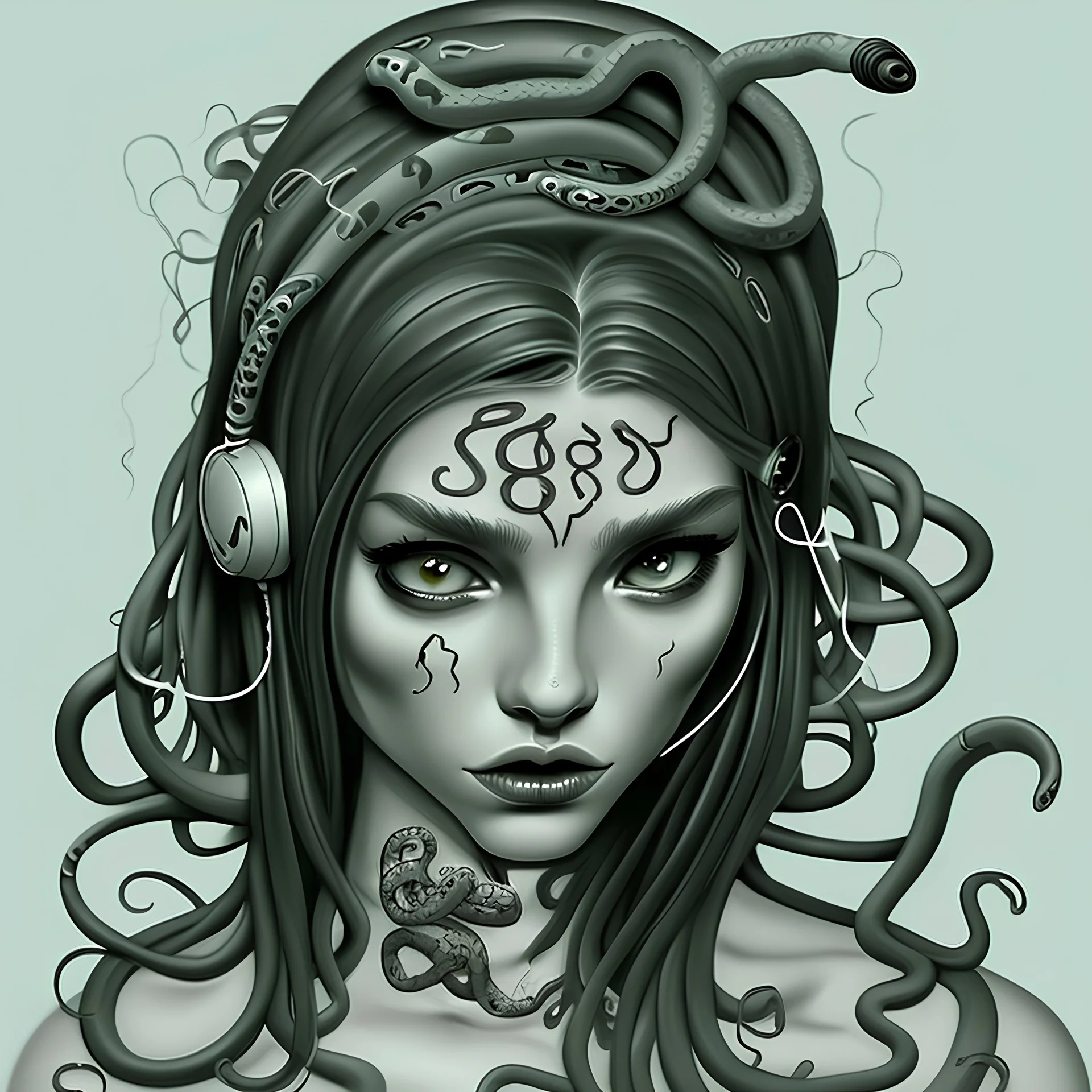 Medusa woman with headphones and tattoos and snakes on his head