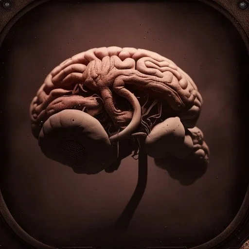 a human brain swimming in blood, steam punk, scary, horror, realistic, made in octane, cinematic, ultra-realistic, extremely detailed octane rendering, 8K, VRAY Super Real ar 2:3, dof photorealistic futuristic 50mm lens hard lighting dark gray tintype photograph, realistic lighting