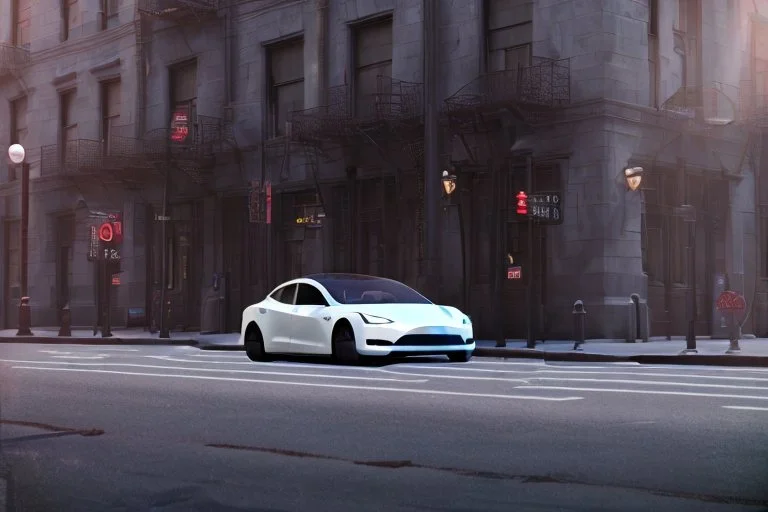 A Tesla 'Model S' is going at a high speed, near the building of the 'Friends' series in New York. (CINEMATIC, WIDE ANGLE LENS, PHOTO REAL)
