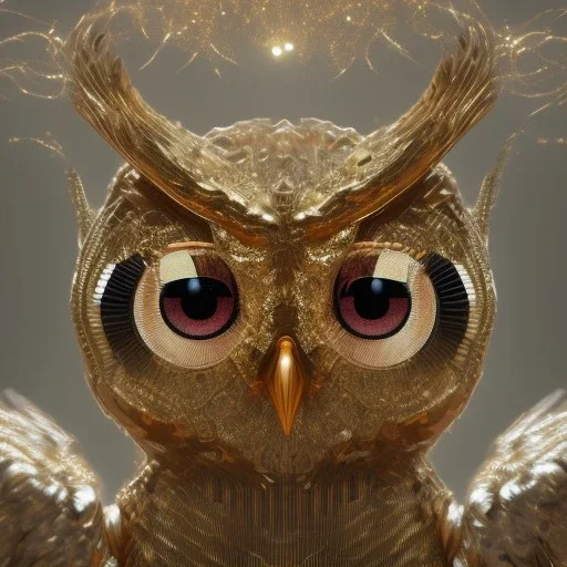 Owl,full body shining gold metal, elegant, bokeh, volumetric lighting, extreme detail, Photorealism, High detail, Hyper macro lens blur, 100mm, cinema4d, HDR, 8k, unreal engine 5