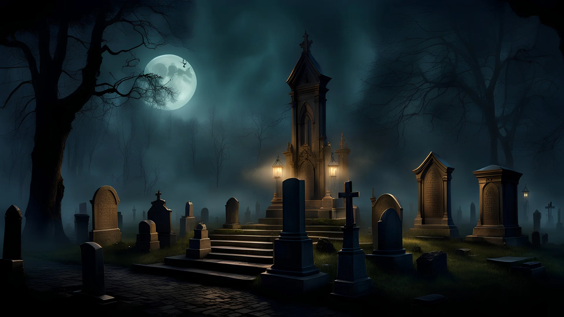 A hauntingly beautiful cemetery, with ancient tombstones and eerie fog rolling in under the moonlight. Kinkade, a detailed matte painting, fantasy art.